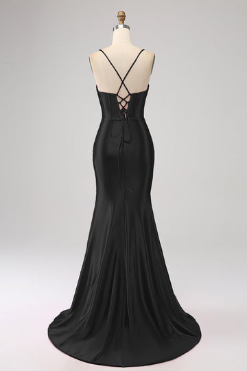 Stunning Black Mermaid Spaghetti Straps Corset Ball Dress with Split Front